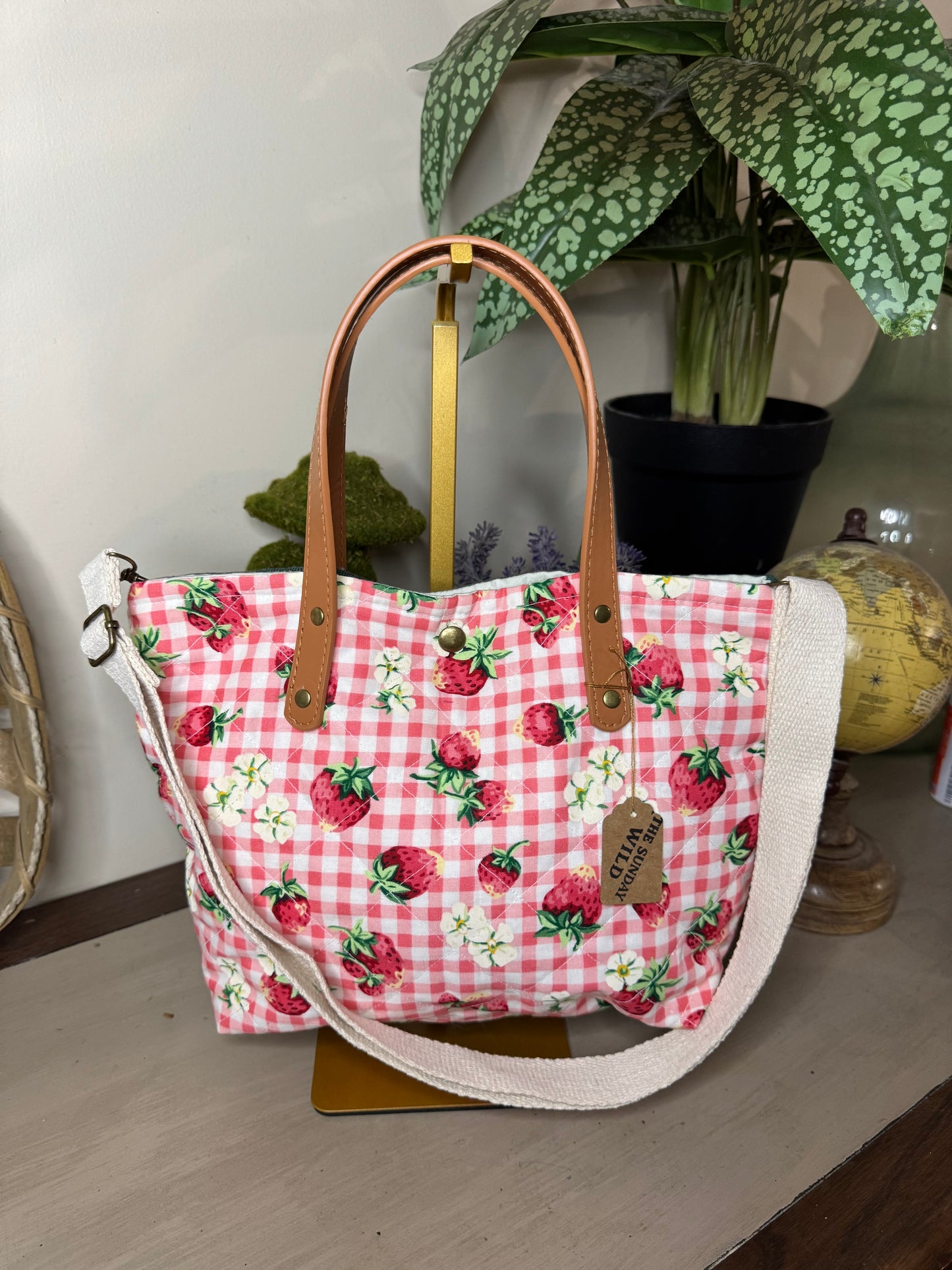 Strawberry Gingham - Up-cycled Tote/Crossbody
